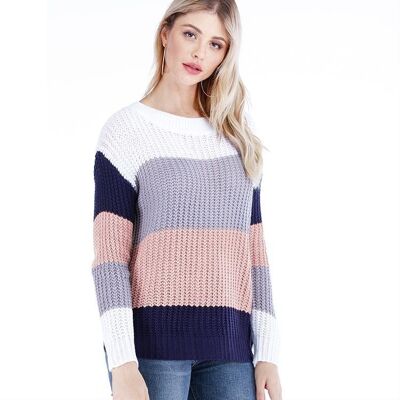 Color Block Chunky Knit Sweater-Pink