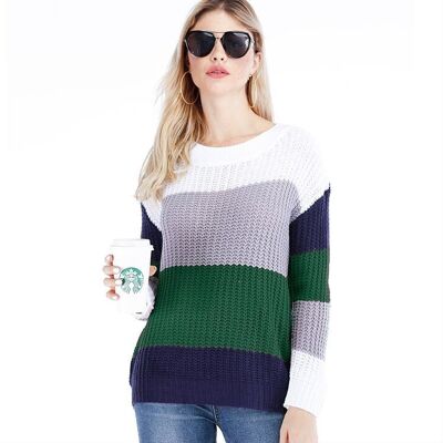 Pull en tricot épais à blocs de couleurs-Vert