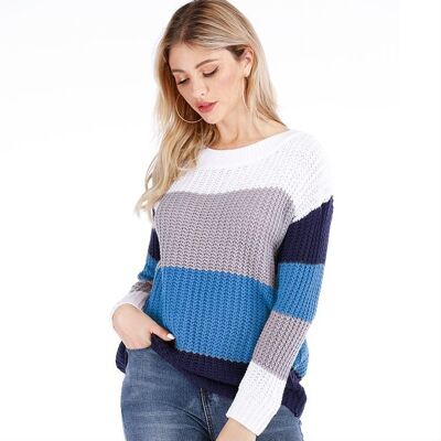 Pull en tricot épais à blocs de couleurs-Bleu