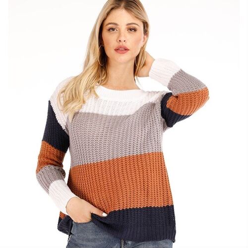 Color Block Chunky Knit Sweater-Brown