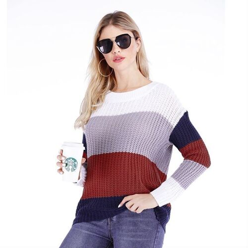 Color Block Chunky Knit Sweater-Burgundy