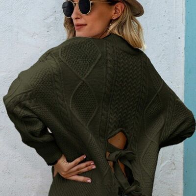 Cable Knit Tie Back Sweater-Dark Green