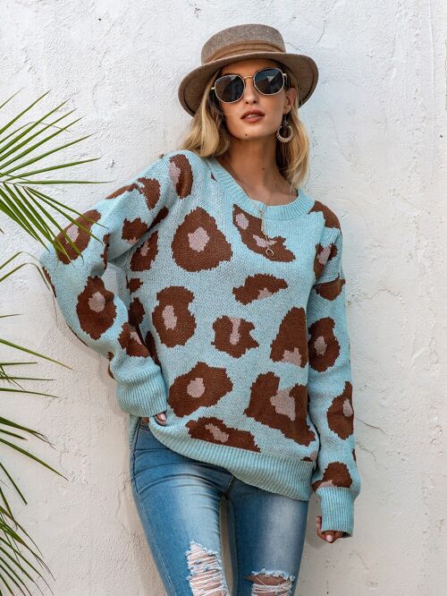 Drop Shoulder Leopard Knit Sweater-Blue