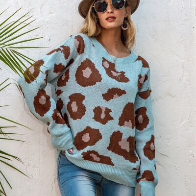 Drop Shoulder Leopard Knit Sweater-Blue