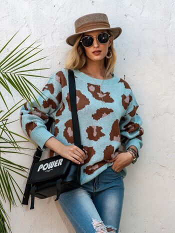 Pull en tricot léopard à épaules tombantes-Bleu 2