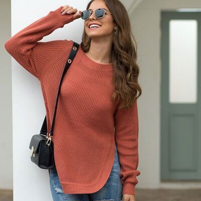 Rounded Hem Knit Sweater-Rustic Red