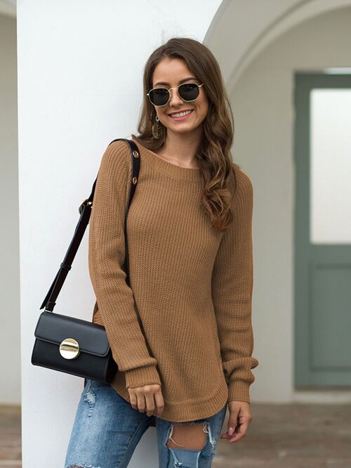 Rounded Hem Knit Sweater-Brown