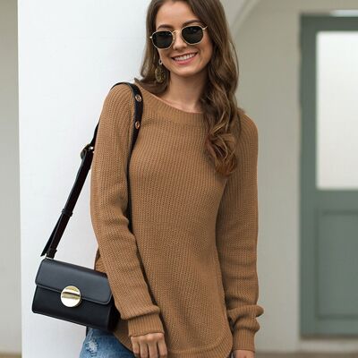 Rounded Hem Knit Sweater-Brown