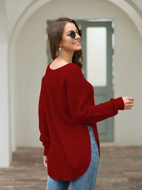 Rounded Hem Knit Sweater-Red