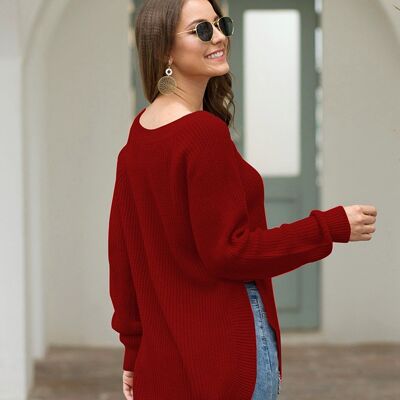 Rounded Hem Knit Sweater-Red