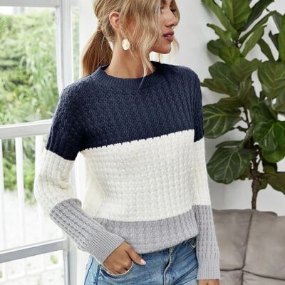 Textured Knit Color Block Striped Sweater-Black