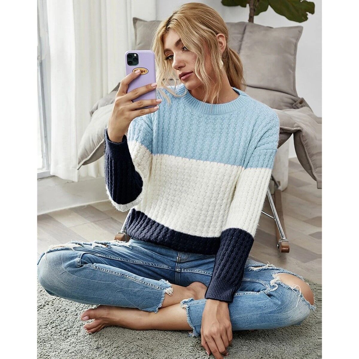 Buy wholesale Textured Knit Color Block Striped Sweater-Blue
