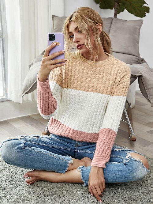 Textured Knit Color Block Striped Sweater-Beige