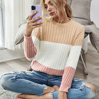 Textured Knit Color Block Striped Sweater-Beige