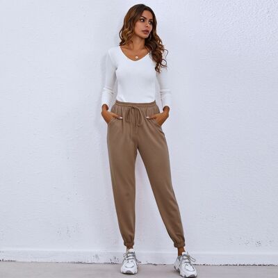 Solid Drawstring Waist Joggers-Brown