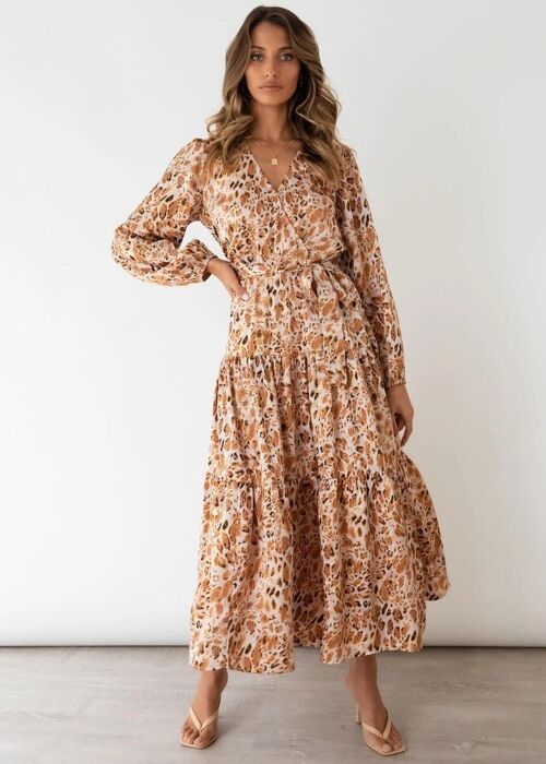 Printed Long Sleeve Tiered Dress-Beige