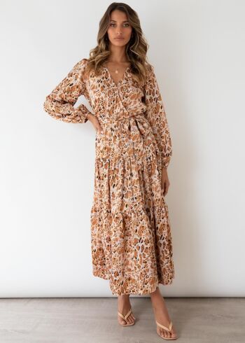 Robe imprimée à manches longues et à volants-Beige 4