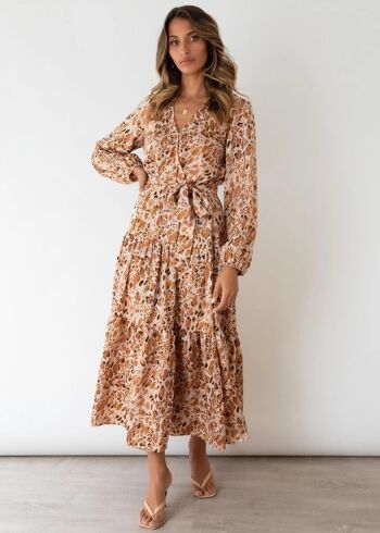 Robe imprimée à manches longues et à volants-Beige 5