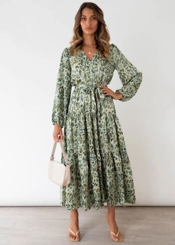 Robe imprimée à manches longues et à volants-Vert 1