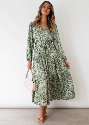 Robe imprimée à manches longues et à volants-Vert 4