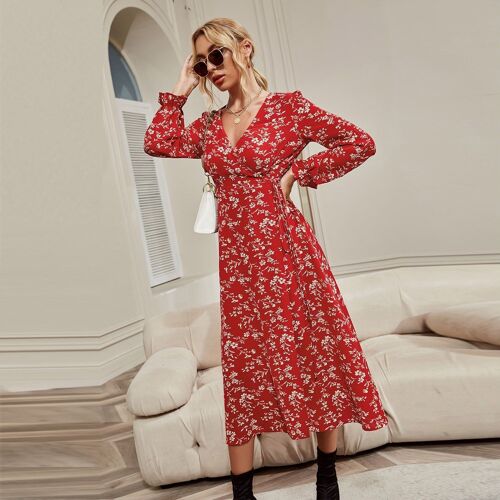 Surplice Neck Floral Dress-Red