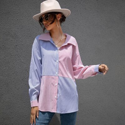 Color Block Striped Polo Shirt-Pink