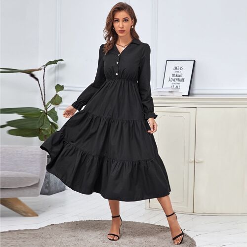 Collared Long Sleeve Tiered Dress-Black