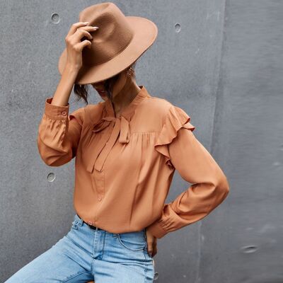 Button Down Ruffle Shoulder Blouse-Brown