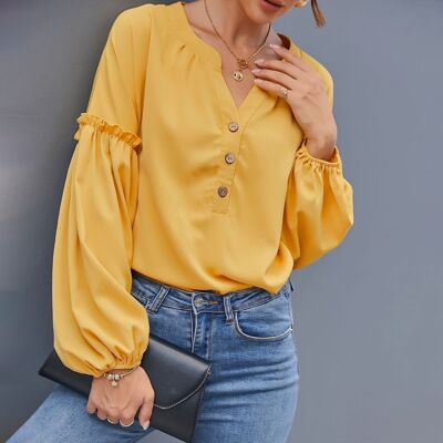 Half Button Front Bishop Sleeve Blouse-Yellow