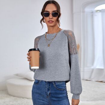 Pull à manches raglan avec détail en dentelle-Gris 2