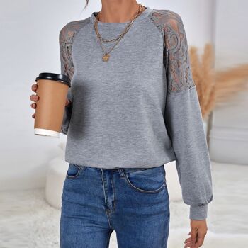 Pull à manches raglan avec détail en dentelle-Gris 3