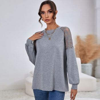 Pull à manches raglan avec détail en dentelle-Gris 4