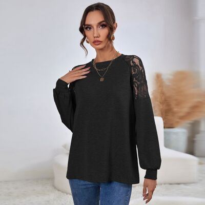 Lace Detail Raglan Sleeve Sweater-Black