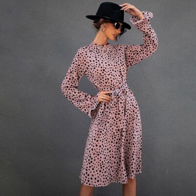 Cheetah Print Tie Waist Dress-Mauve Pink