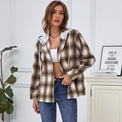 Plaid Hooded Button Down Jacket-Brown