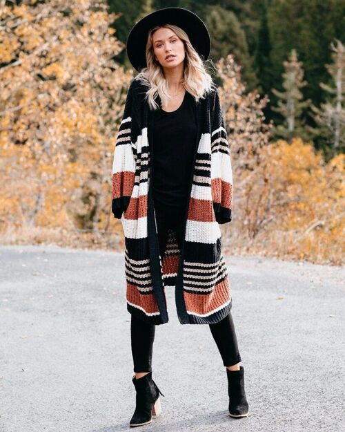 Striped Long Knit Cardigan-Black