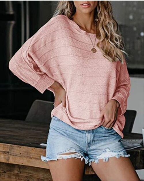 One Shoulder Striped Knit Sweater-Pink