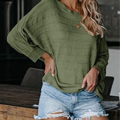 One Shoulder Striped Knit Sweater-Green