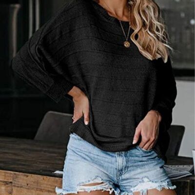 One Shoulder Striped Knit Sweater-Black