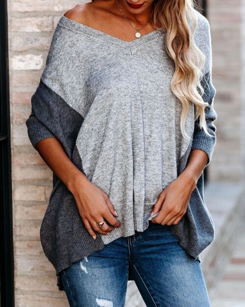 V Neck Oversized Sweater-Gray