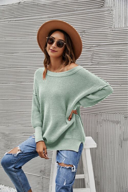 Solid Side Slit Knit Sweater-Green