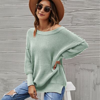 Solid Side Slit Knit Sweater-Green