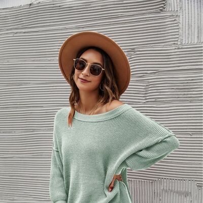Solid Side Slit Knit Sweater-Green