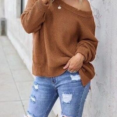Solid Side Slit Knit Sweater-Brown