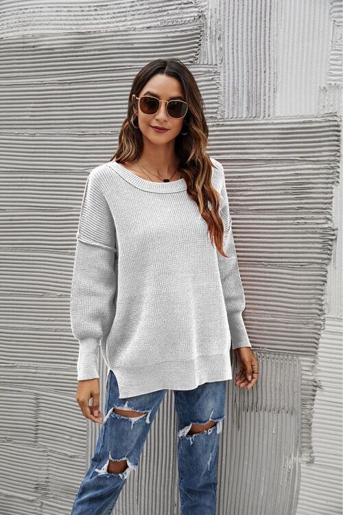 Solid Side Slit Knit Sweater-Gray