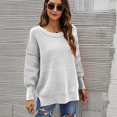 Solid Side Slit Knit Sweater-Gray