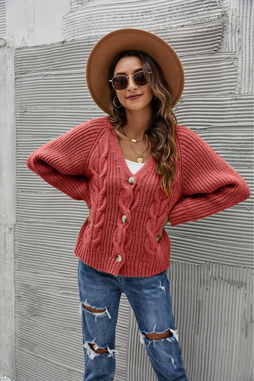 Chunky Cable Knit Cardigan-Red
