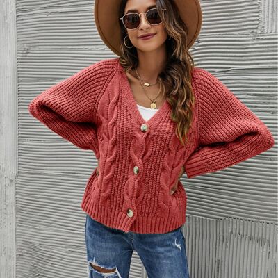 Chunky Cable Knit Cardigan-Red