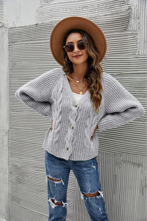 Chunky Cable Knit Cardigan-Gray