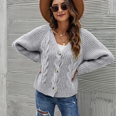 Chunky Cable Knit Cardigan-Gray